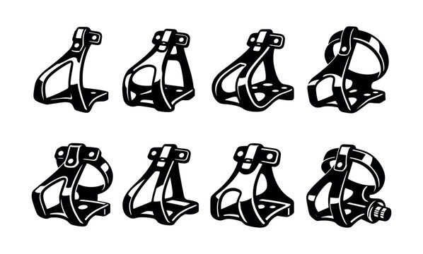 Collection of vintage bicycle pedals with toe clips and straps