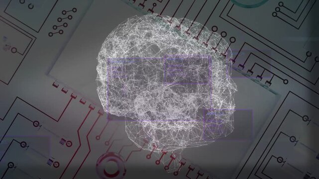 On circuit signal holo brain pulsing, rotating over schematic purple HUD shifting showing activity