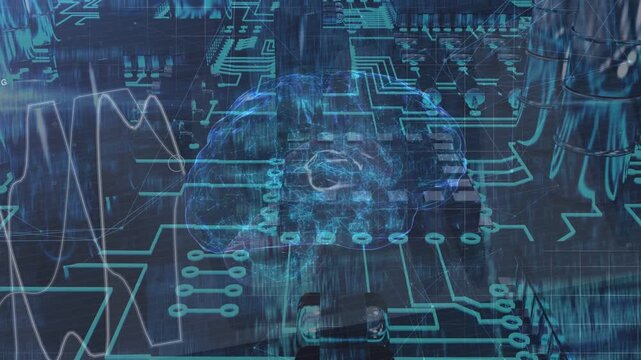 White waveform entering from left, holo brain pulsing, circuits lighting, mapping neural signals