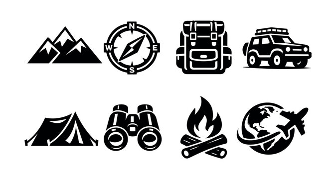 Adventure icons: mountains, compass, backpack, and camping gear