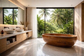 Fototapeta premium Stylish bathroom scene with wooden bathtub, white flooring, large window displaying tropical palms and sleek sinks