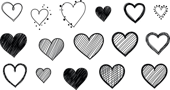 Hand-Drawn Heart Vector Illustration Set with Various Styles and Textures for Love, Romance, Wedding, and Decorative Design Graphics