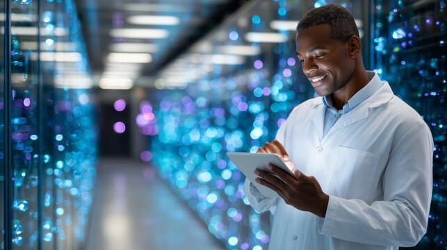 A happy technician in a white lab coat operates a tablet in a modern server room. Rows of servers glow with blue lights, creating a dynamic work environment buzzing with activity