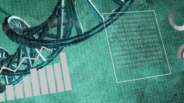Data stream initiating animation, double-helix strand rotating and linking HUD panels for analysis