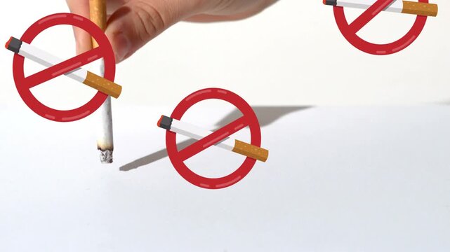 not cigarette Hand entering, grabbing cigarette, pressing and twisting, putting out as  red no-smoking icons float
