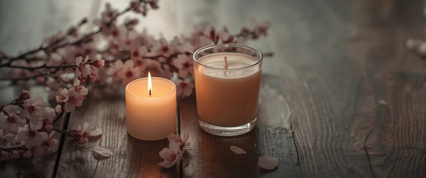 Calm atmosphere created by a white candle on a wooden surface near pink blooms and a glass of chilled chaas from rice milk