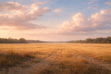 Fototapeta premium Calm landscape of a wide field with gentle pastel sky and fluffy clouds over dry yellowish soil in quiet surroundings