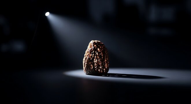 A single morel mushroom illuminated by a spotlight in a dark room
