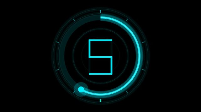 Circular arc HUD countdown timer cyan 9 to 0 alpha overlay