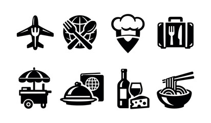 Icons representing travel and culinary themes in black and white © UnIcons