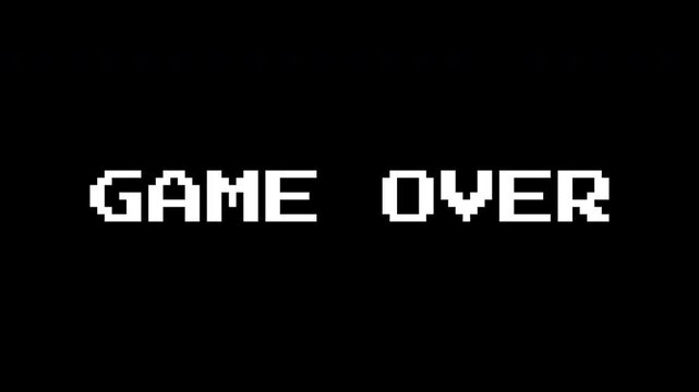 retro 8 bit game over text with glitch distortion digital effect classic display, pixel text game over retro animation display overlay 4k video