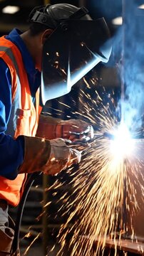 Welder in protective gear working on metal with sparks and bright light