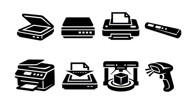 Collection of office and technology equipment icons including scanners, printers, and barcode readers