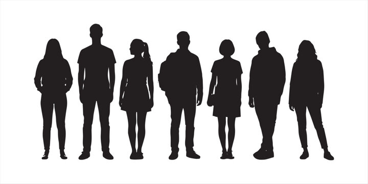 Collection of male and female silhouettes in various standing poses isolated on white background, people group vector illustration