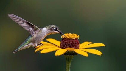 Fototapeta premium A hummingbird actively feeding on a vivid yellow flower designed by AI tools