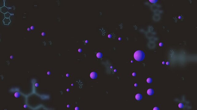 Cluster of violet spheres moving after camera pan, drifting, expanding, revealing molecular layout