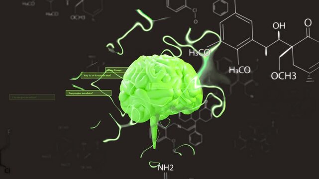 Neon-green 3D brain reacting to prompts, emitting tendrils, pulsing, rotating, showing neural links