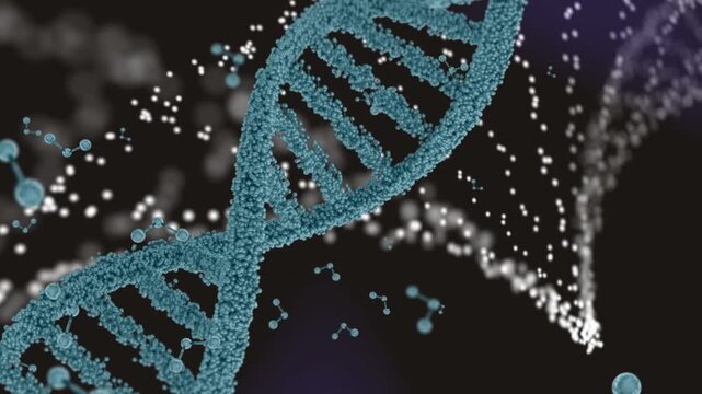 Cam pulling back blue helix rotating right showing dotted helices and dots showing molecular depth