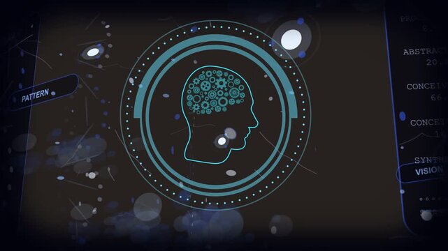 On load central teal HUD revealing gear-brain, rotating rings, scanning orb, representing analysis