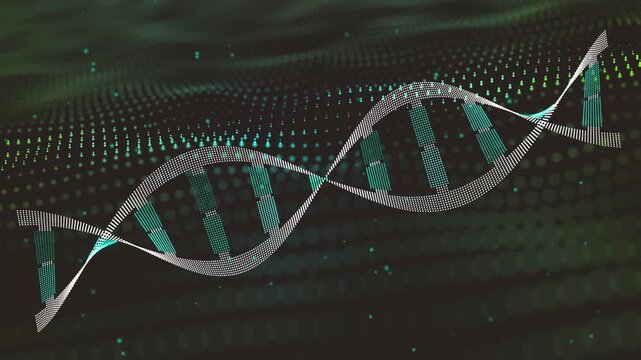 On load DNA helix appearing centered oscillating rotating while cyan lights moving showing motion