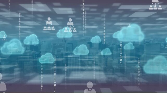 Cloud overlay fading in from center, streaming binary digits and linking user nodes for data flow
