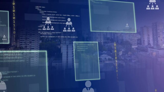 Glowing HUD appearing panels sliding icons aligning bits falling code scrolling showing org data