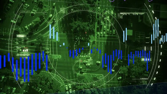 HUD overlay appearing over aerial crossroads, rotating reticles scanning island to detect cars