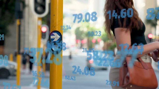 Woman approaching yellow pole button waiting, blue tech overlays drifting around pole and her