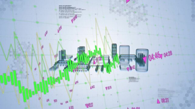 Green candle wave entering left sweeping grid and driving circuit city rising, showing market data