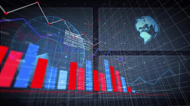 On start, 3D dashboard revealing left gauge, bars growing, lines tracing trends, showing analytics