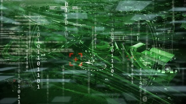 HUD activating, framing highway roundabout while marker rising and reticle pulsing, analysing flow