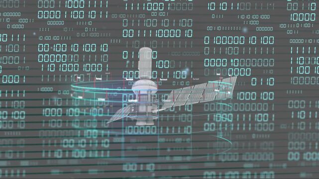 Holographic tower rotating after data pulse, binary matrix shifting, rings pulsing to mark waveform