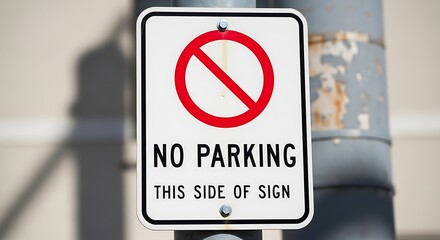 Naklejka premium White No Parking Sign Mounted on Metal Pole in Urban Street Setting