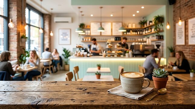 Cozy interior of a modern coffee shop with customers a barista at the counter and a latte in focus on a rustic table