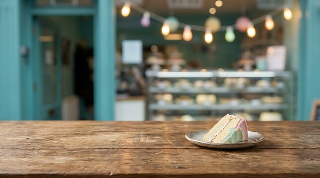 A slice of layer cake on a rustic wooden table in a blurred cafe setting