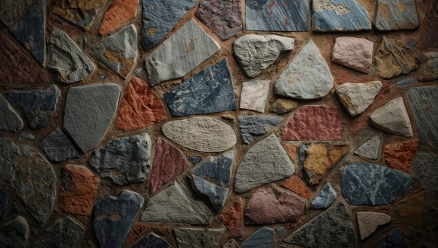 Architectural design background with rustic stone texture wall containing multiple shapes and color blends