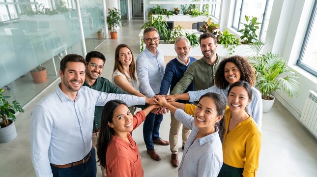 Diverse Professional Business Team Standing in a Circle Joining Hands in a Unity Huddle on a High-Tech Financial Trading Floor with Glowing Digital Stock Tickers