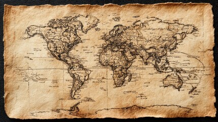 Fototapeta premium Vintage parchment paper displays a detailed world map with aged textures.