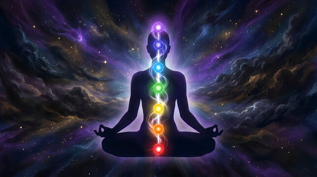 Meditating silhouette with seven chakra energy centers cosmic background