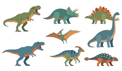 Colorful illustration of eight different dinosaurs © MdRimon