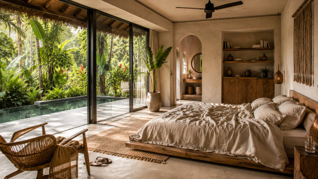  Apartamento real tropical con cama amplia, ventilaci&oacute;n natural y grandes puertas abiertas hacia vegetaci&oacute;n exuberante. El dormitorio transmite lujo relajado y conexi&oacute;n con la naturaleza.