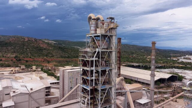 Multi-stage cyclone preheater tower with suspension preheater system, raw meal feed pipes, calciner vessel and steel access platforms at a cement plant surrounded by hills