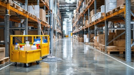 Fototapeta premium Cleaning supplies sit in a yellow cart within a large warehouse aisle.