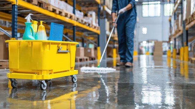 Industrial cleaner mops the concrete floor of a large warehouse facility.