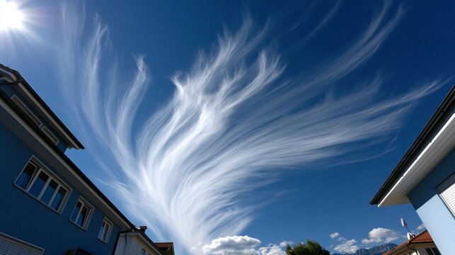 Auff&auml;llige Zirruswolken ziehen wie Pinselstriche &uuml;ber einen strahlend blauen Himmel &uuml;ber Wohnh&auml;usern.