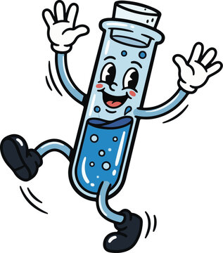 Test tube mascot character, retro rubber hose animation style, vintage science laboratory chemistry glass, smiling flask mascot with bubbles, 1930s classic animation vector, laboratory equipment 