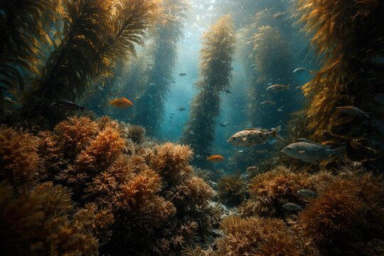 Dense brown algae growth in giant kelp forests nurturing temperate aquatic organisms