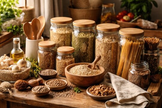 Wooden table arrangement of healthy grains and pasta in glass jars with eco conscious kitchen accessories
