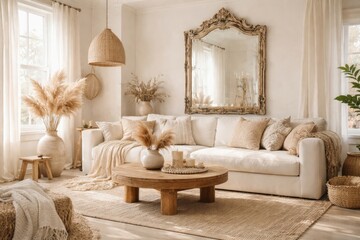 Fototapeta premium Relaxed boho living space with creamy white palette and vintage mirror