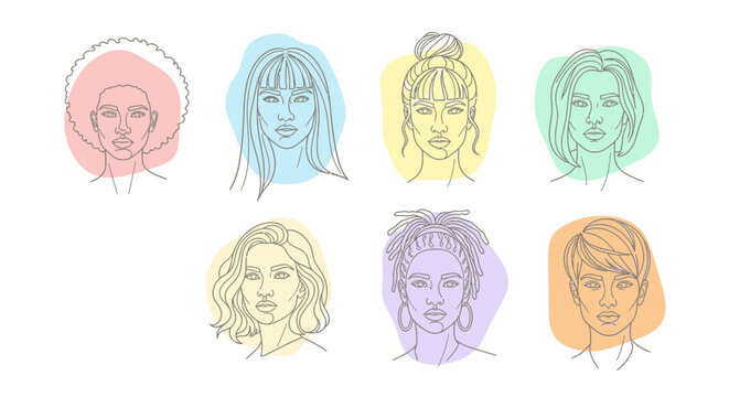 Minimalist line art portraits of diverse women with pastel colors